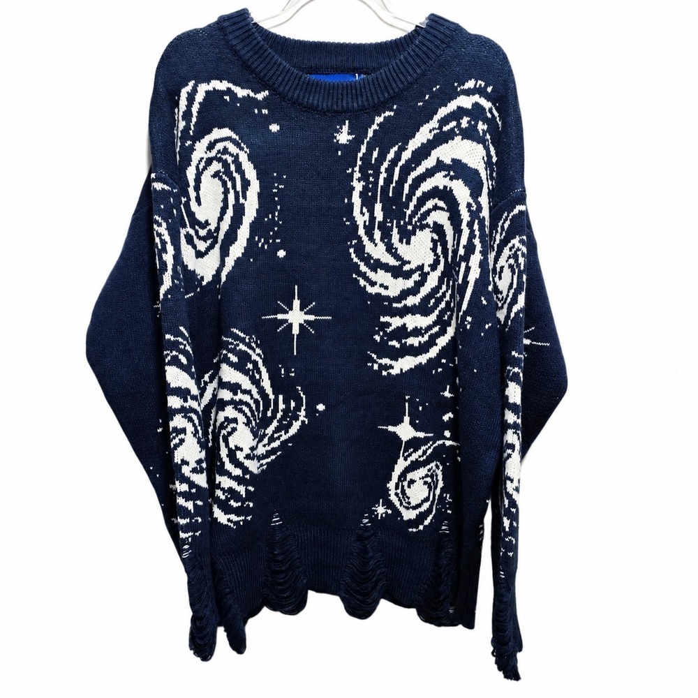 Aelfric Eden Galaxy Distressed Knit Sweater Navy Blue Oversized Size M Unisex